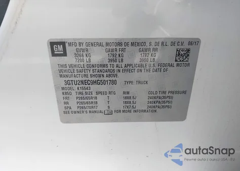 2017 GMC Sierra 1500 Slt z USA, uszkodzony, nr VIN 3GTU2NEC9HG501780